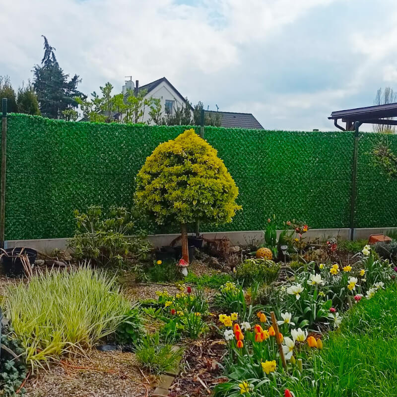 Neprůhledný plot umístěný na zahradě u rodinného domu