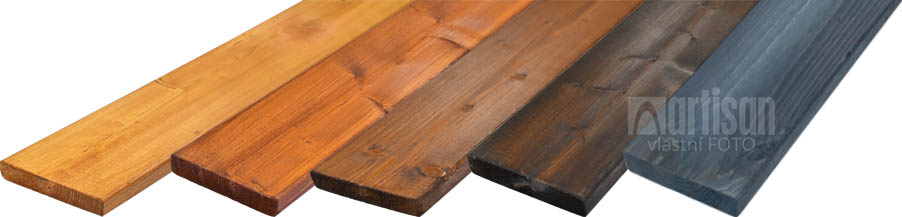 Dřevěné barvené plotovky ze severského smrku v 5 odstínech: zleva modřín, borovice, ořech, palisandr, antracit
