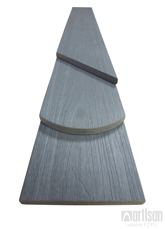 Vzory zakončení plotovek Dřevoplus Grey řady Profi 15x138 vyrobených z prken na plot. 