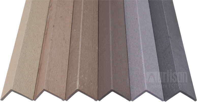WPC dřevoplastové zakončovací lišty v odstínu Original Wood, Teak, Brownish Red, Chocolate, Stone Grey a Dark Grey.