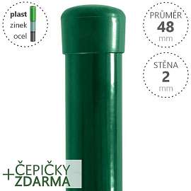 Plotové sloupky DAMIPLAST poplastované kulaté, průměr 48x1800x2 Zn + PVC zelené se zelenou krytkou