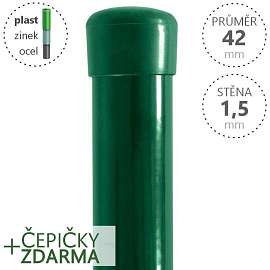 Plotové sloupky DAMIPLAST poplastované kulaté, průměr 42x2000x1,5 Zn + PVC zelené se zelenou krytkou