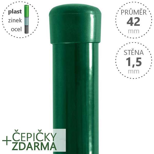 Plotové sloupky DAMIPLAST poplastované kulaté, průměr 42x2000x1,5 Zn + PVC zelené se zelenou krytkou