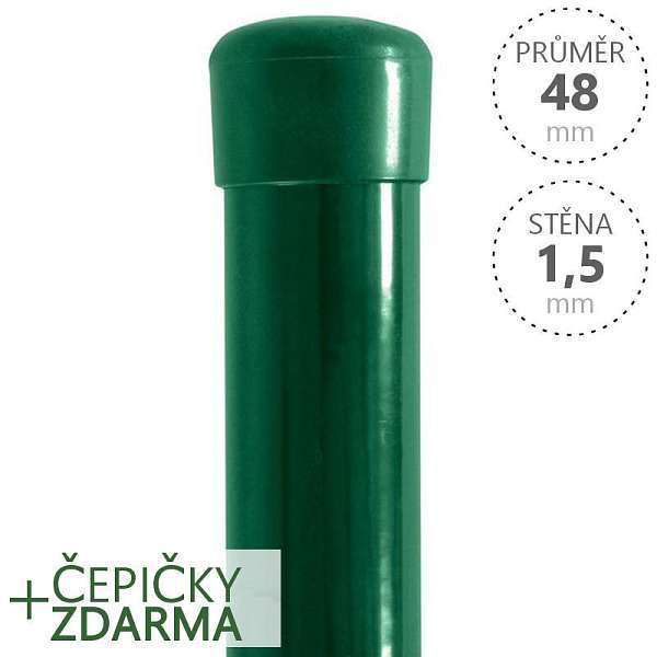 Plotové sloupky DAMIPLAST poplastované kulaté, průměr 48x2400x1,5 Zn + PVC zelené se zelenou krytkou