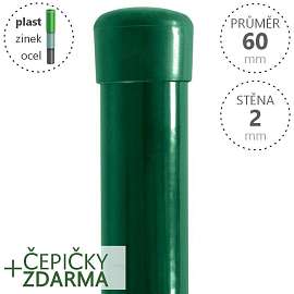 Plotové sloupky DAMIPLAST poplastované kulaté, průměr 60x3000x2 Zn + PVC zelené se zelenou krytkou