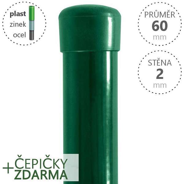 Plotové sloupky DAMIPLAST poplastované kulaté, průměr 60x2200x2 Zn + PVC zelené se zelenou krytkou