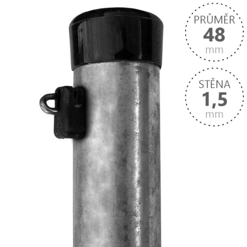 Plotové sloupky IDEAL kulaté, průměr 48x2100x1,5 Zn s černou krytkou a úchytem